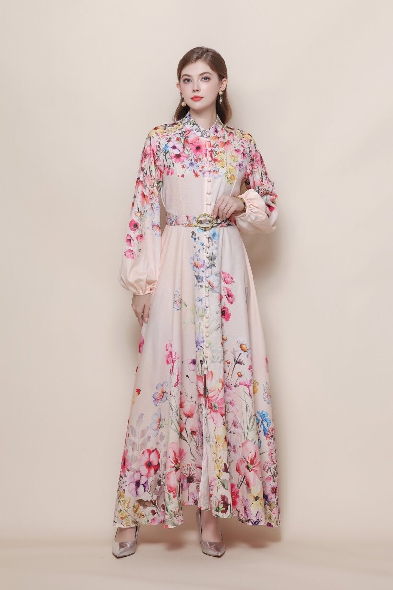 Stand Collar Cascading Wildflower Print Maxi Dress with Balloon Sleeves & Jeweled Buckle Belt