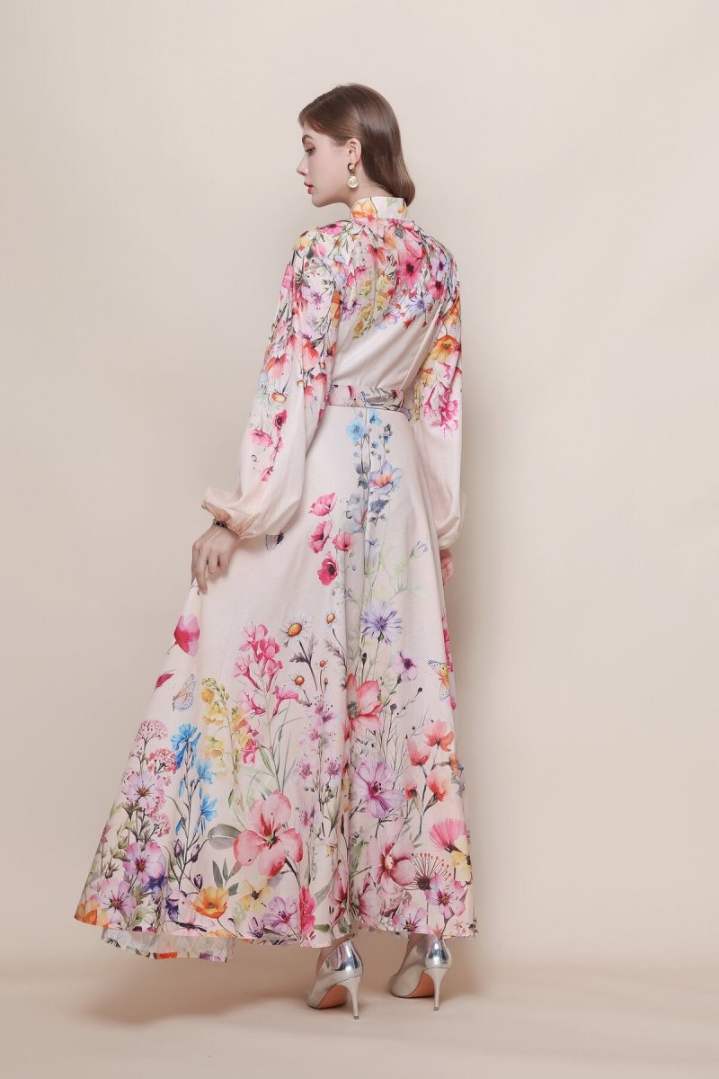 Stand Collar Cascading Wildflower Print Maxi Dress with Balloon Sleeves & Jeweled Buckle Belt