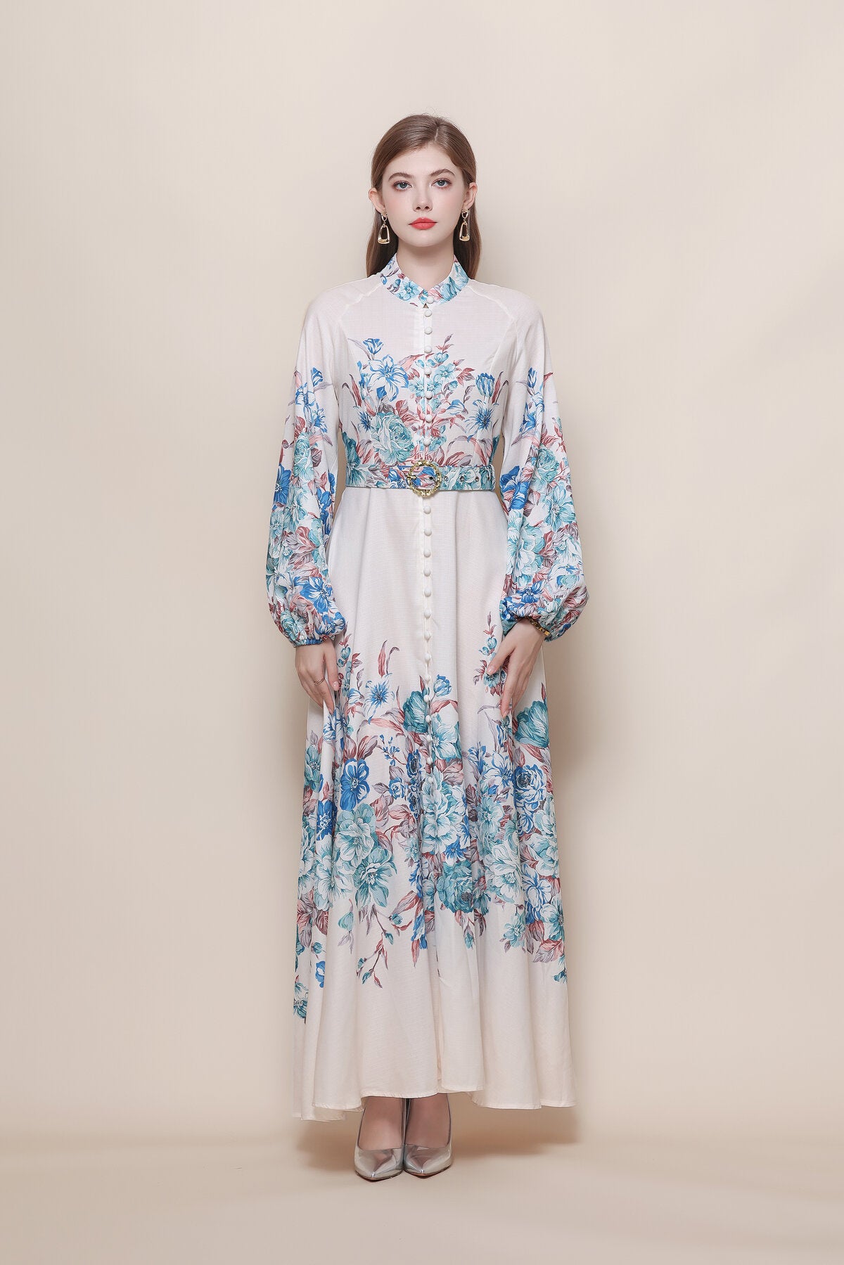 Stand Collar Floral Placement Print Maxi Dress with Balloon Sleeves and Jeweled Belt Buckle