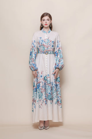 Stand Collar Floral Placement Print Maxi Dress with Balloon Sleeves and Jeweled Belt Buckle