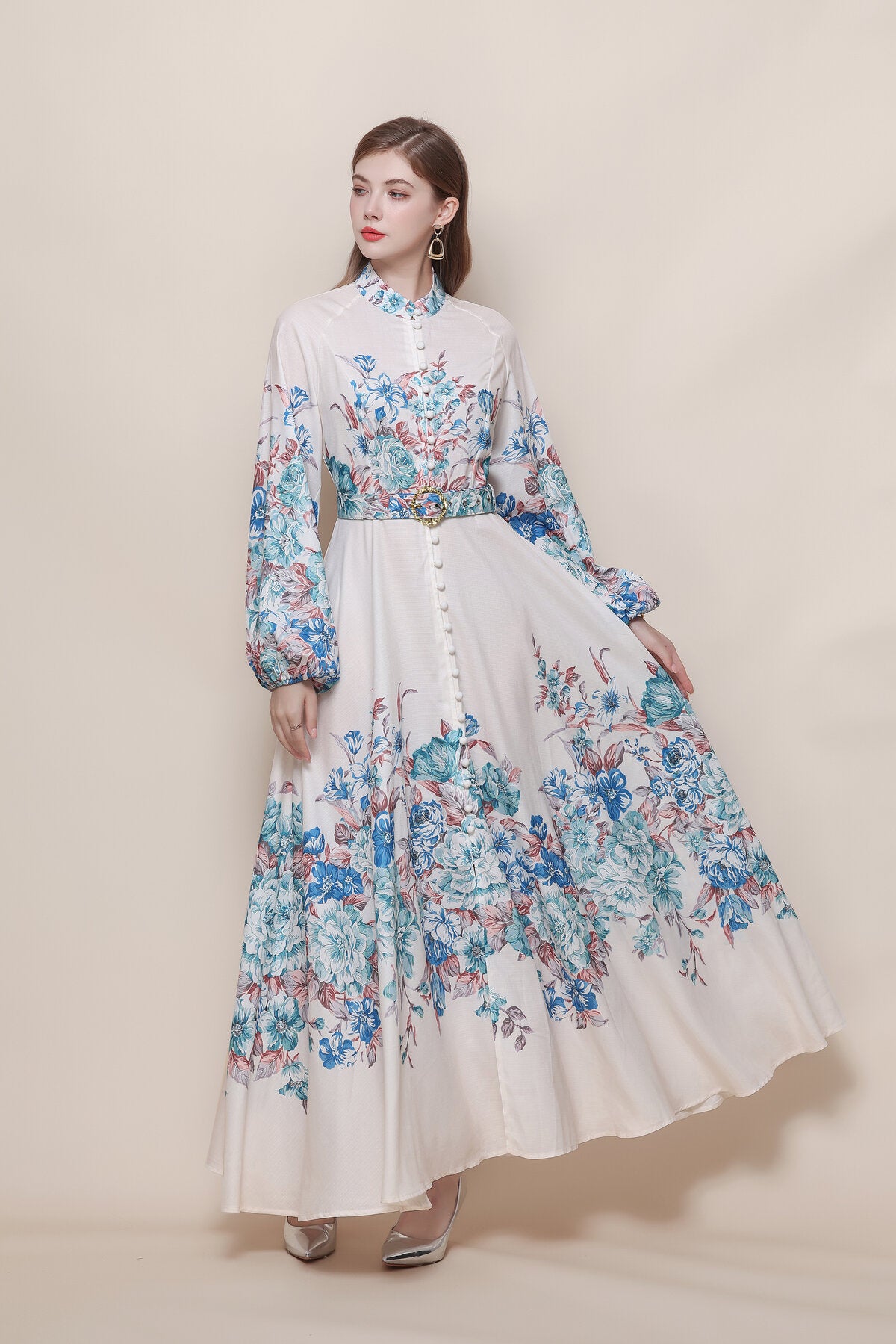 Stand Collar Floral Placement Print Maxi Dress with Balloon Sleeves and Jeweled Belt Buckle