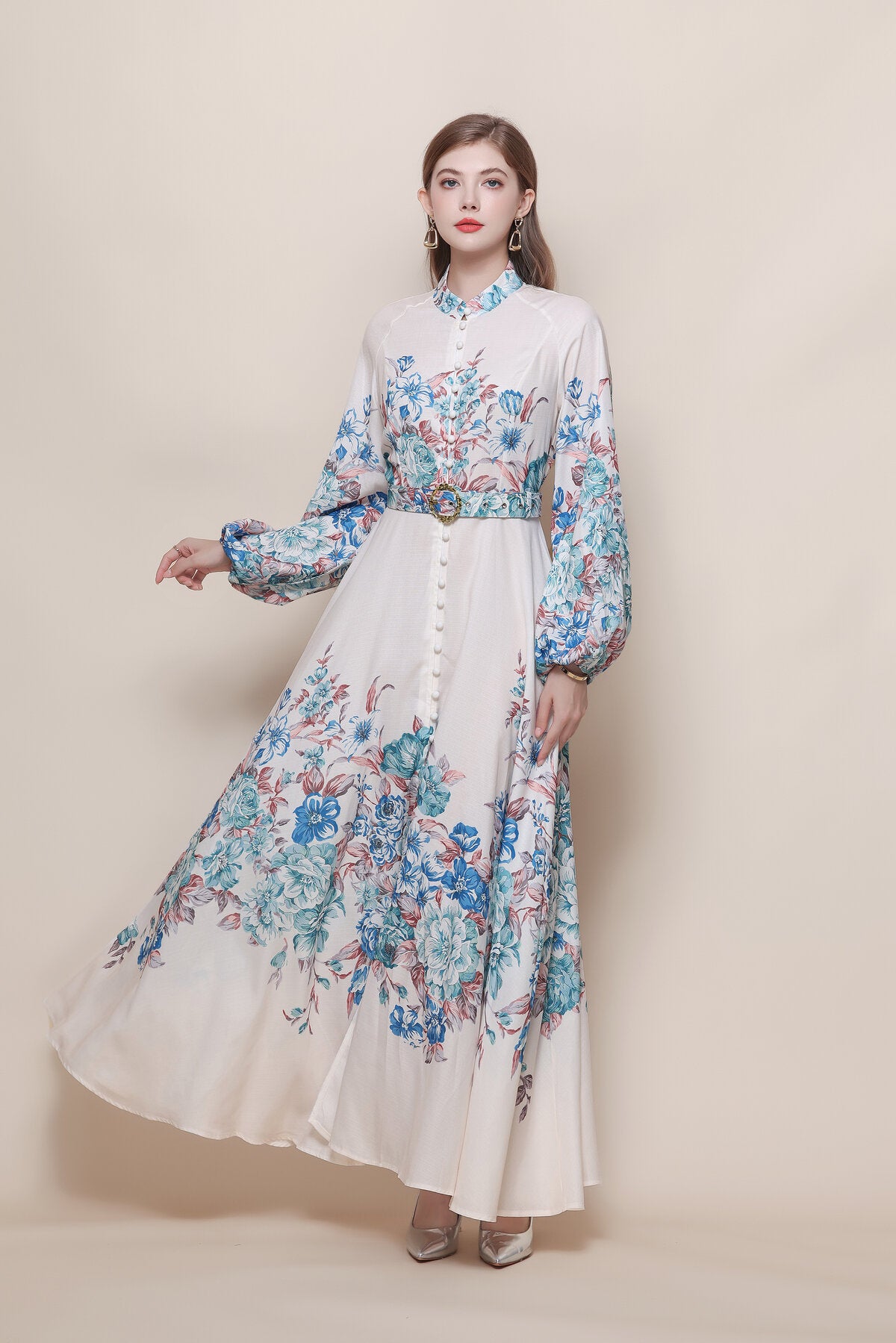 Stand Collar Floral Placement Print Maxi Dress with Balloon Sleeves and Jeweled Belt Buckle