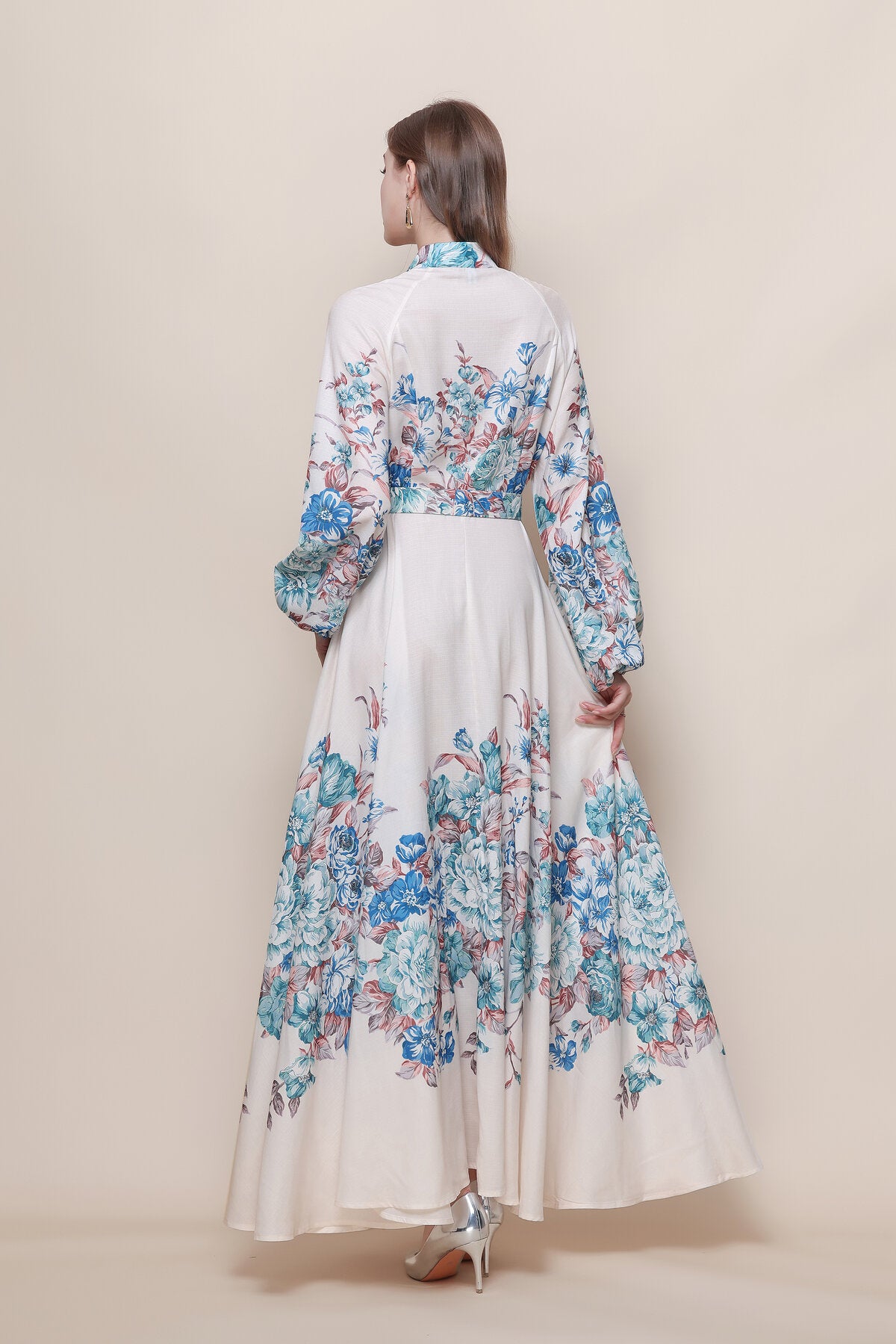 Stand Collar Floral Placement Print Maxi Dress with Balloon Sleeves and Jeweled Belt Buckle
