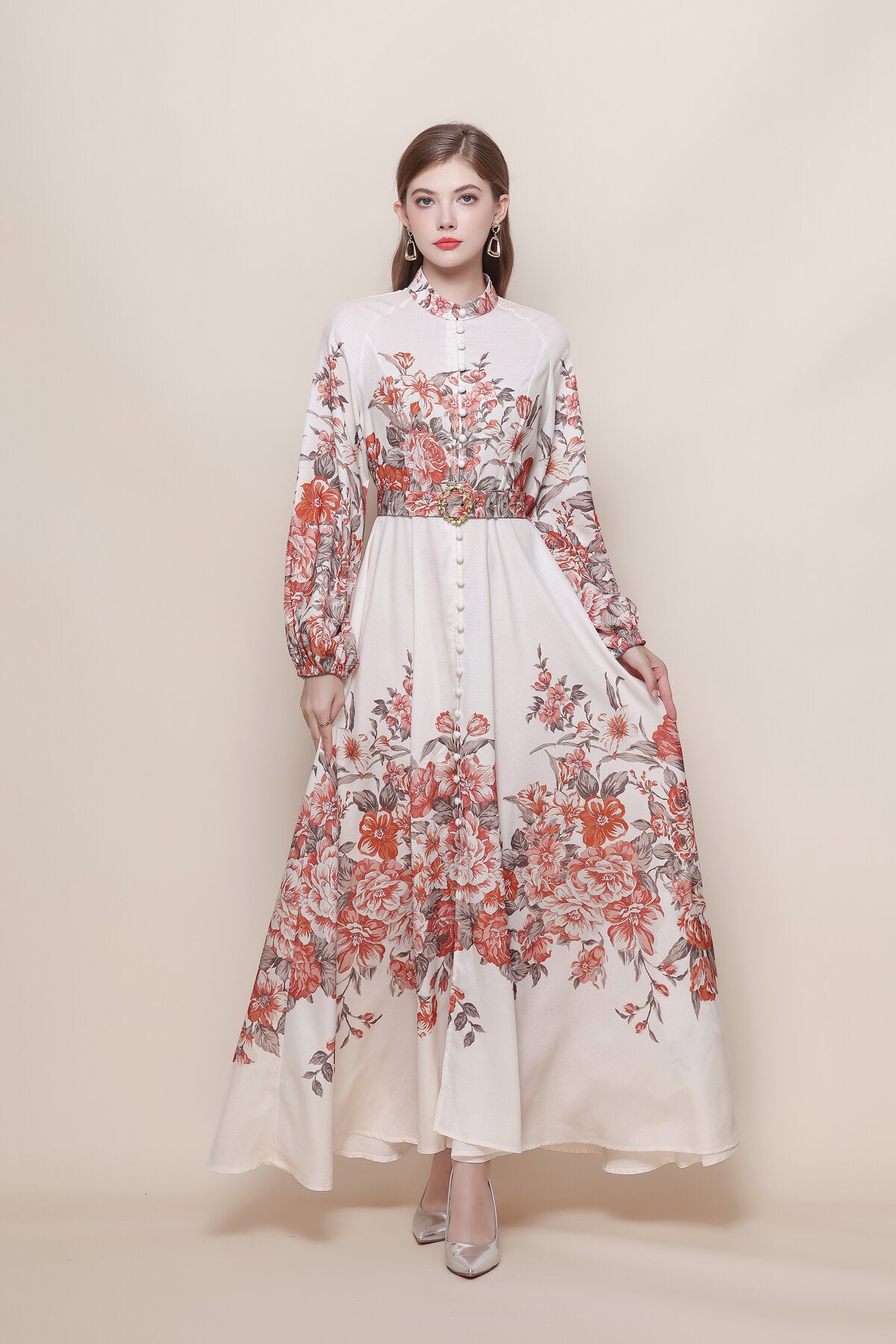 Stand Collar Floral Placement Print Maxi Dress with Balloon Sleeves and Jeweled Belt Buckle