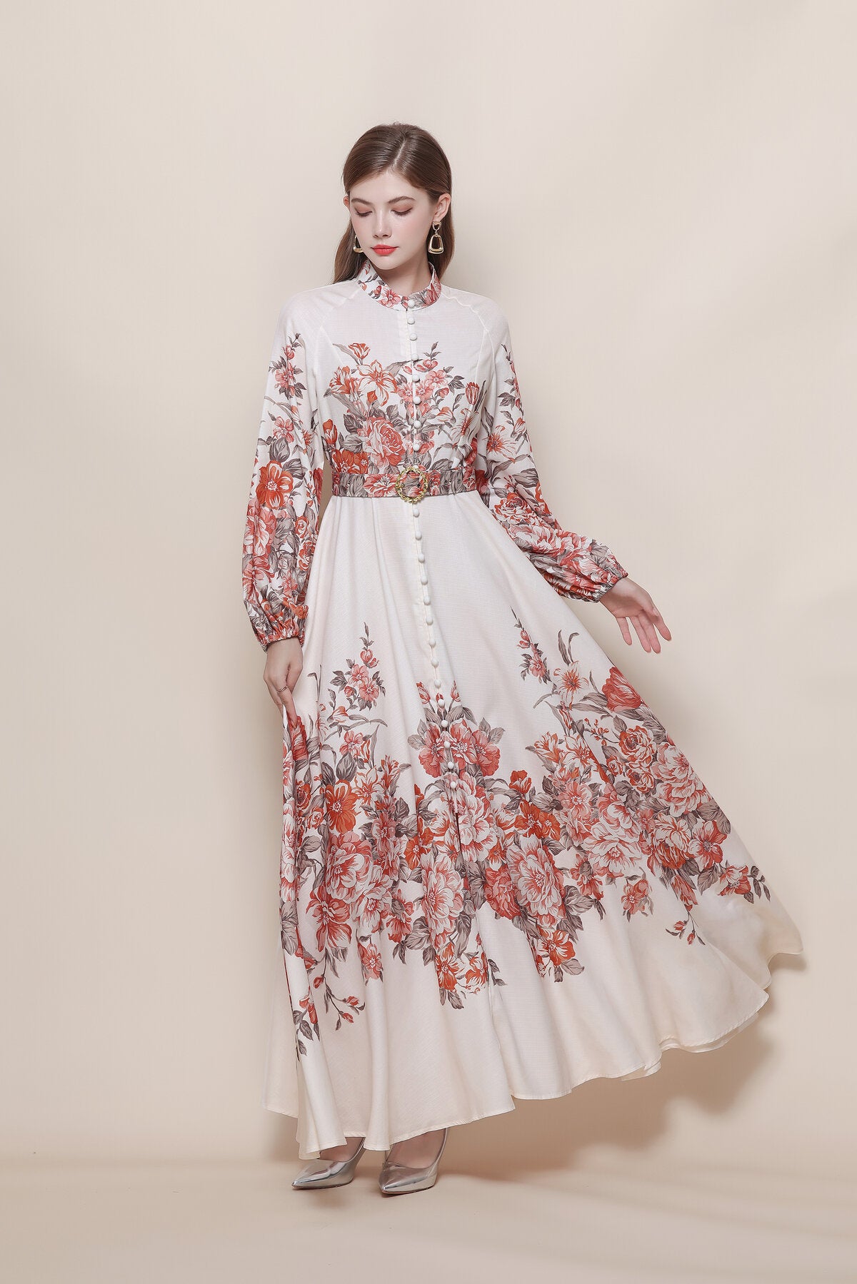 Stand Collar Floral Placement Print Maxi Dress with Balloon Sleeves and Jeweled Belt Buckle