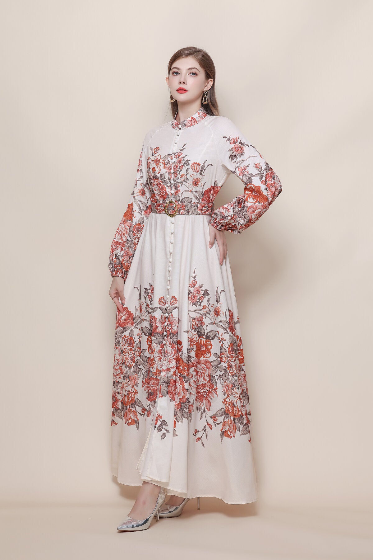 Stand Collar Floral Placement Print Maxi Dress with Balloon Sleeves and Jeweled Belt Buckle
