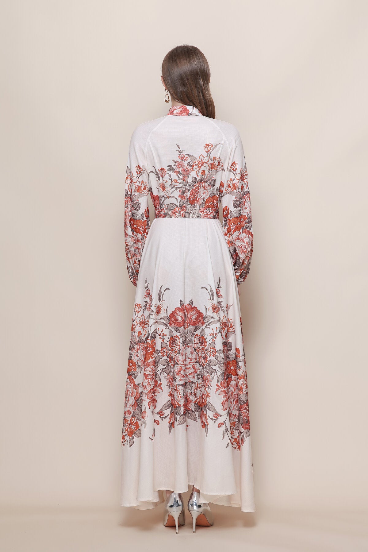 Stand Collar Floral Placement Print Maxi Dress with Balloon Sleeves and Jeweled Belt Buckle