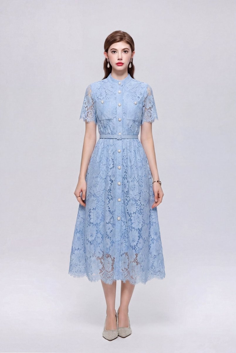 Stand Collar Floral Lace Midi Dress with Pearl Buttons and Scalloped Hem