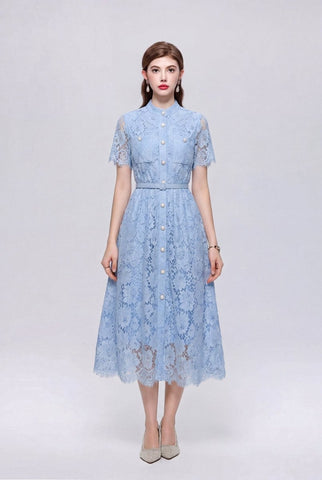 Stand Collar Floral Lace Midi Dress with Pearl Buttons and Scalloped Hem