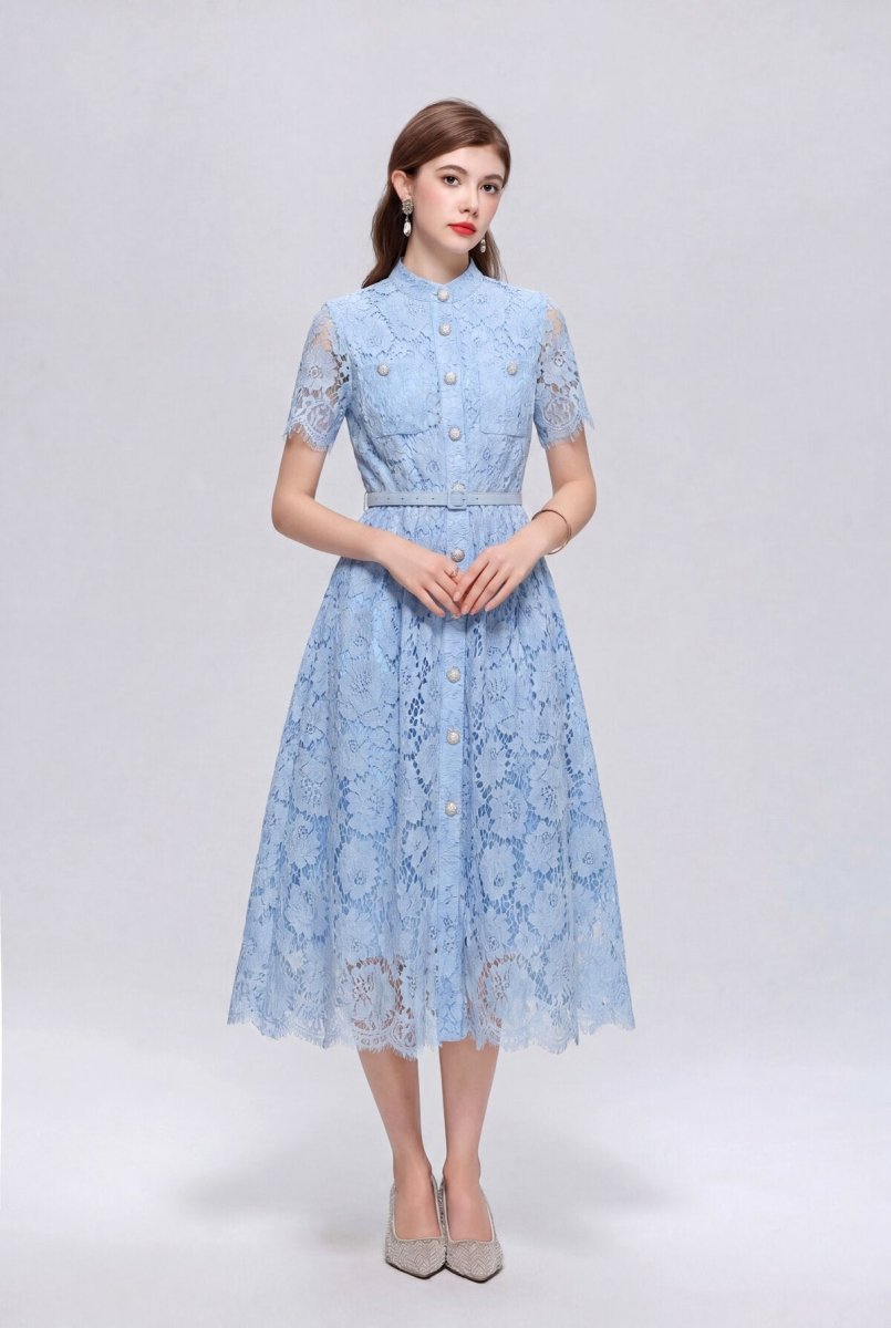 Stand Collar Floral Lace Midi Dress with Pearl Buttons and Scalloped Hem