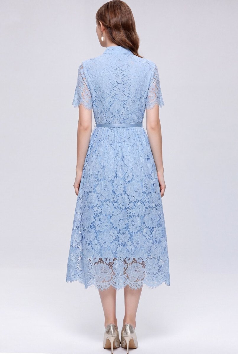 Stand Collar Floral Lace Midi Dress with Pearl Buttons and Scalloped Hem
