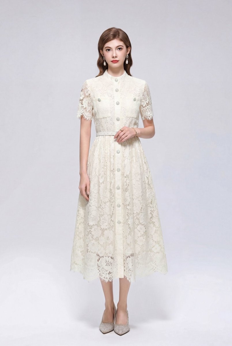 Stand Collar Floral Lace Midi Dress with Pearl Buttons and Scalloped Hem