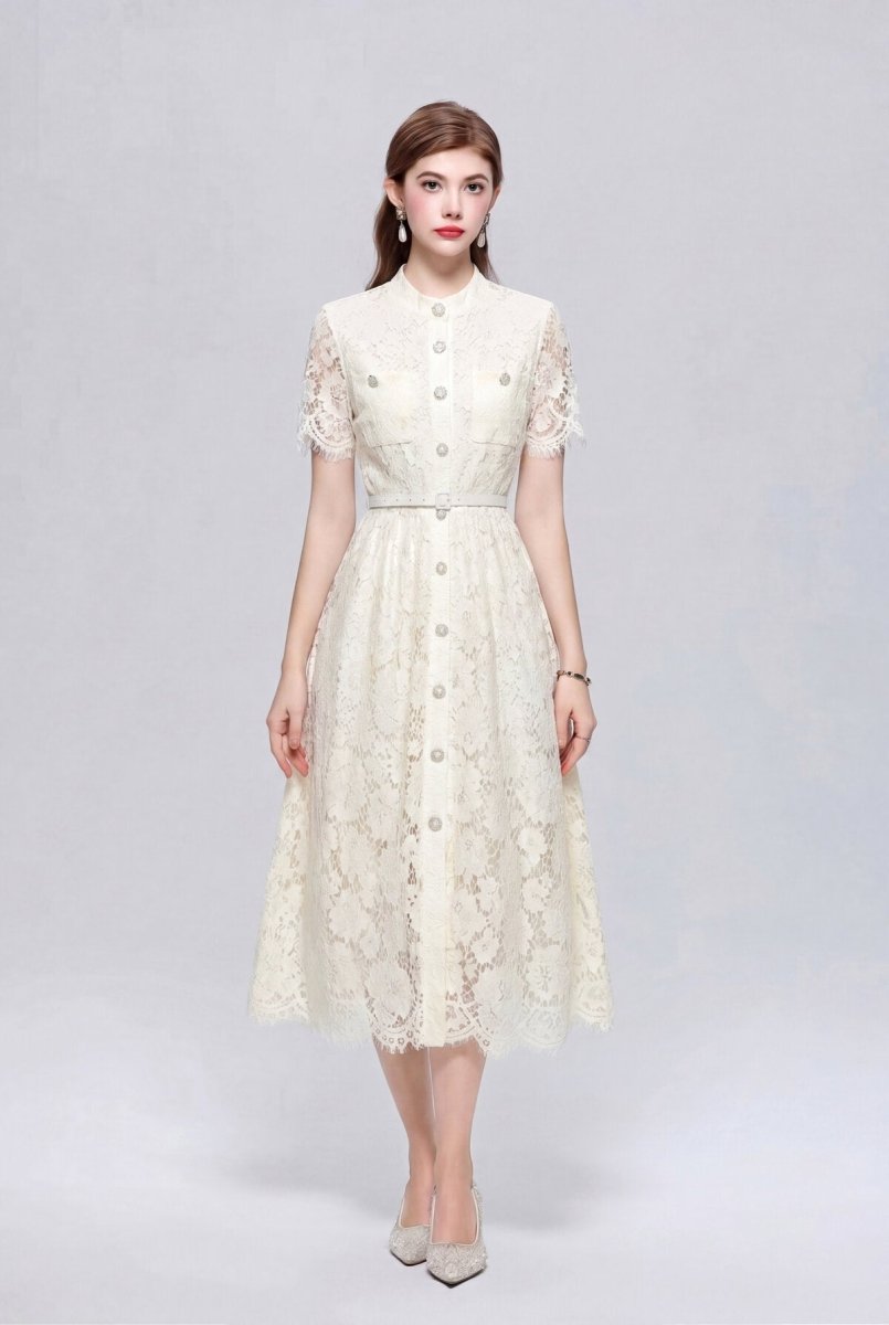 Stand Collar Floral Lace Midi Dress with Pearl Buttons and Scalloped Hem