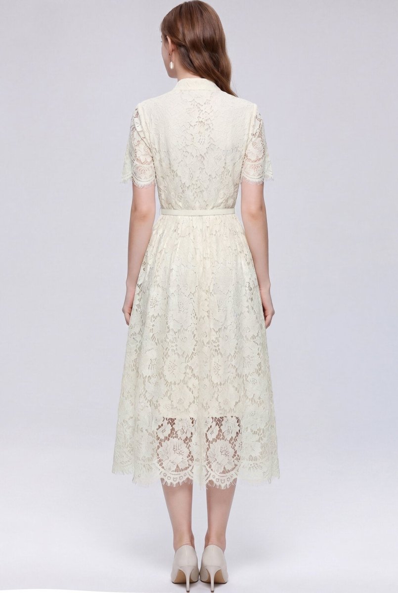 Stand Collar Floral Lace Midi Dress with Pearl Buttons and Scalloped Hem