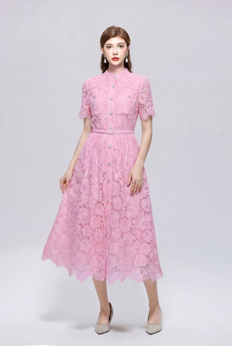 Stand Collar Floral Lace Midi Dress with Pearl Buttons and Scalloped Hem