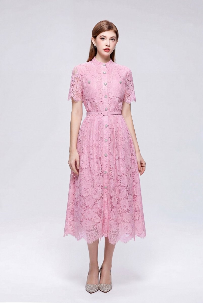 Stand Collar Floral Lace Midi Dress with Pearl Buttons and Scalloped Hem