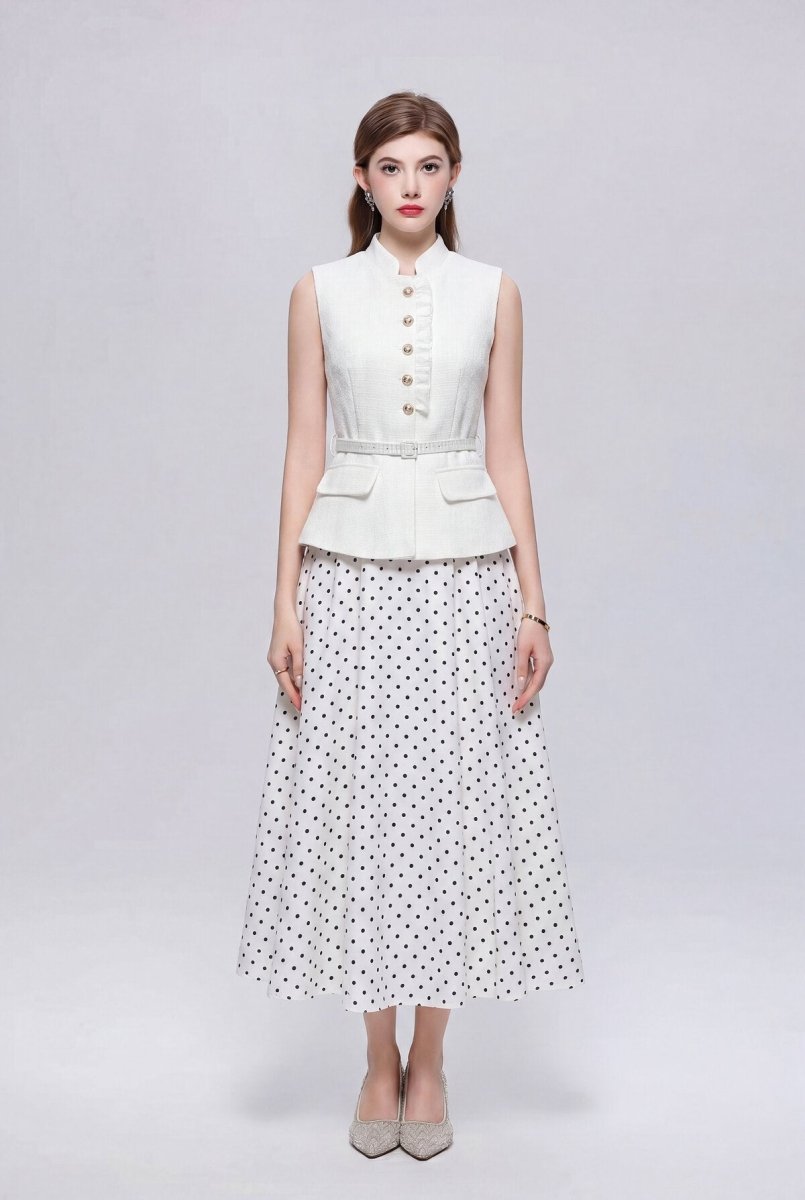 Stand Collar Peplum Midi Dress with Gold Buttons and Polka Dot Skirt