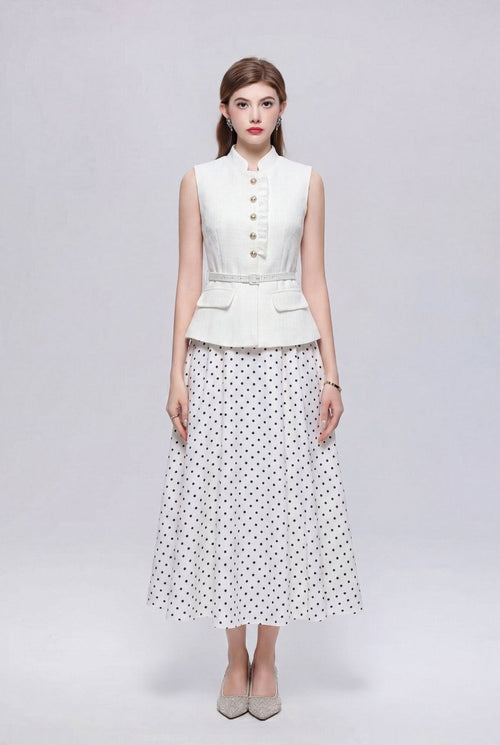 Stand Collar Peplum Midi Dress with Gold Buttons and Polka Dot Skirt