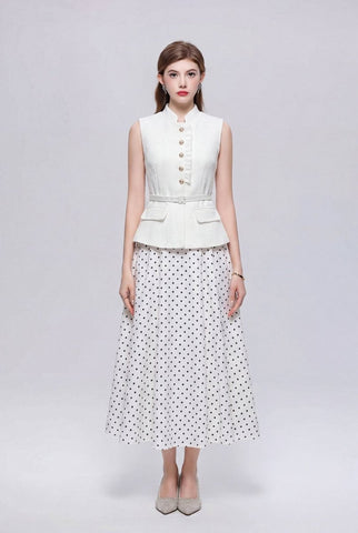 Stand Collar Peplum Midi Dress with Gold Buttons and Polka Dot Skirt