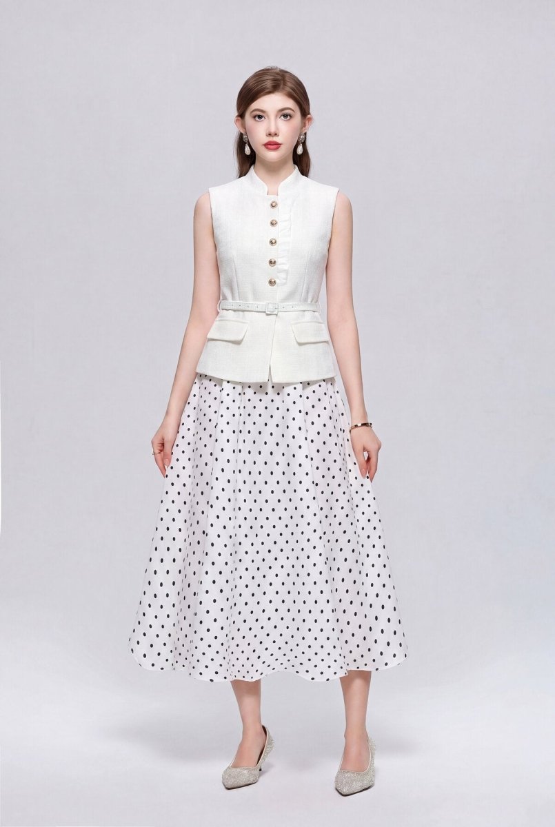 Stand Collar Peplum Midi Dress with Gold Buttons and Polka Dot Skirt