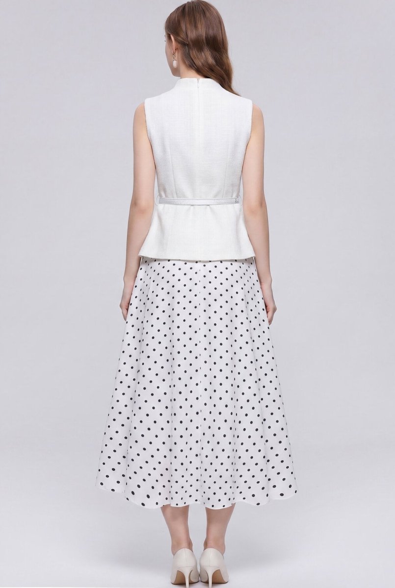 Stand Collar Peplum Midi Dress with Gold Buttons and Polka Dot Skirt