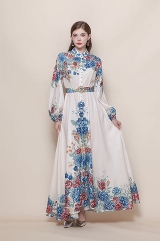 Stand Collar Rose Bouquet Column Print Maxi Dress with Balloon Sleeves and Jeweled Belt Buckle