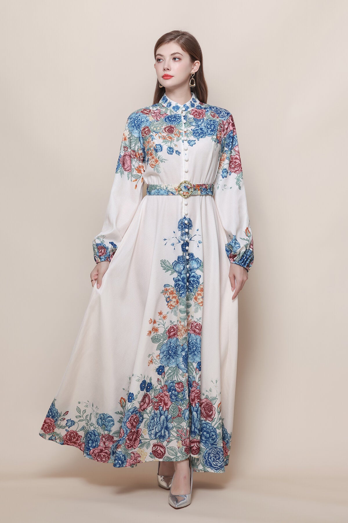 Stand Collar Rose Bouquet Column Print Maxi Dress with Balloon Sleeves and Jeweled Belt Buckle
