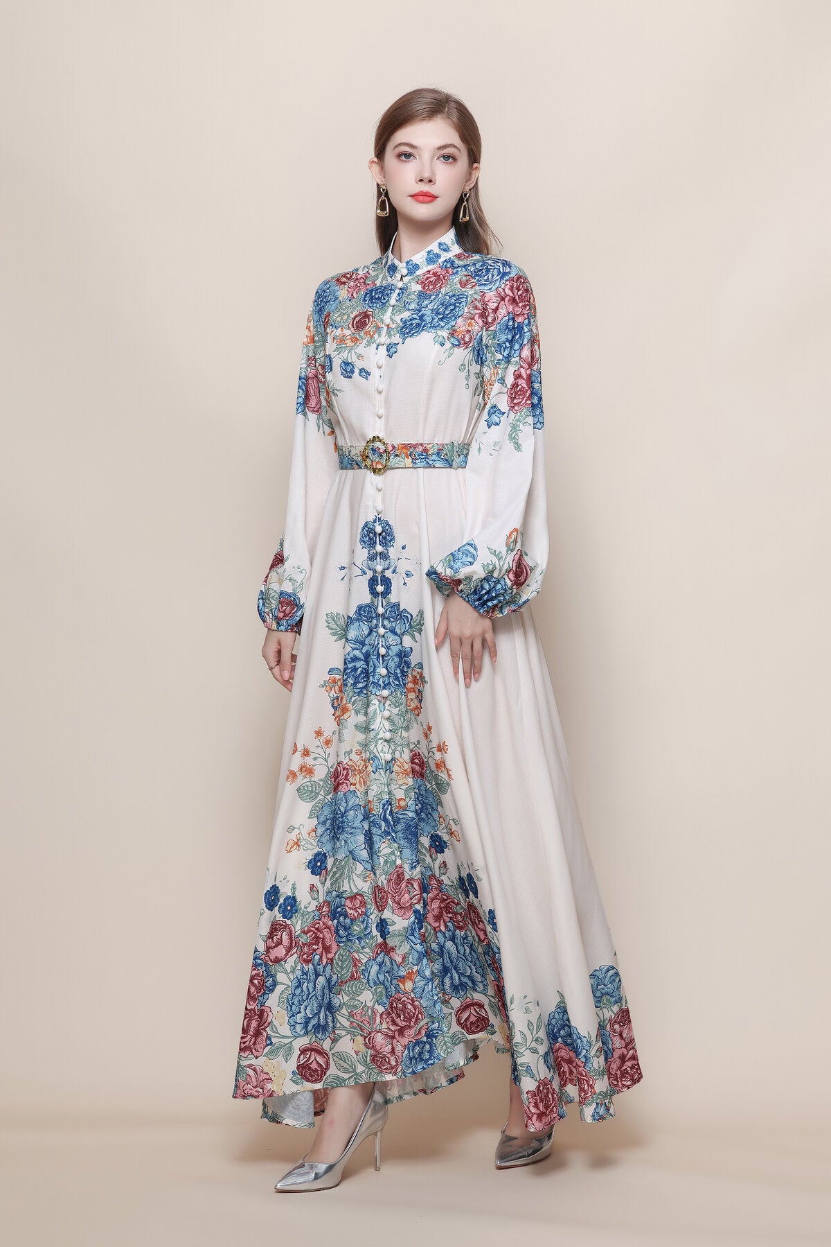 Stand Collar Rose Bouquet Column Print Maxi Dress with Balloon Sleeves and Jeweled Belt Buckle