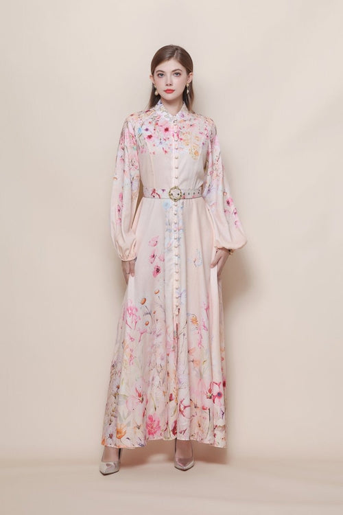 Stand Collar Scattered Wildflower Print Maxi Dress with Balloon Sleeves and Jeweled Buckle Belt