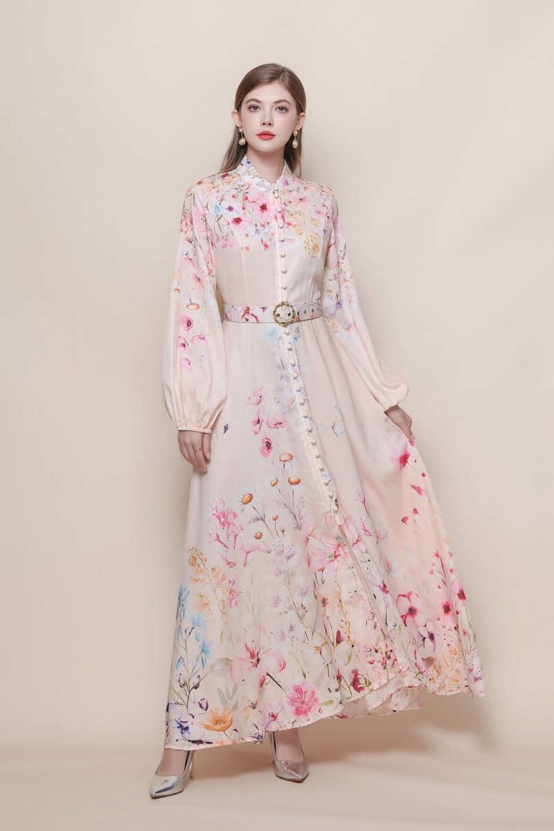 Stand Collar Scattered Wildflower Print Maxi Dress with Balloon Sleeves and Jeweled Buckle Belt