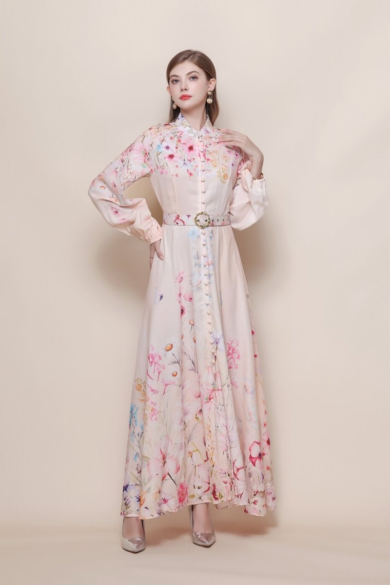 Stand Collar Scattered Wildflower Print Maxi Dress with Balloon Sleeves and Jeweled Buckle Belt