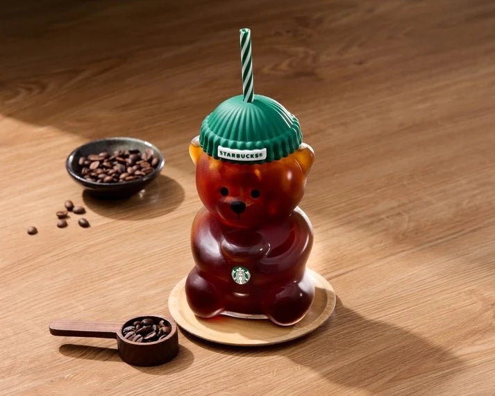 Starbucks Bearista™ Glass Bear Cup 591ml / 20oz – Bear-Shaped Reusable Cup with Beanie Lid & Striped Straw