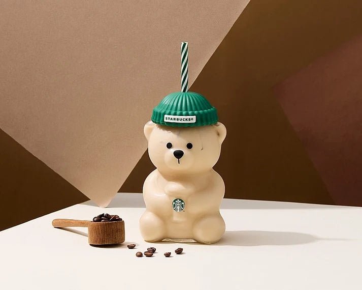 Starbucks Bearista™ Glass Bear Cup 591ml / 20oz – Bear-Shaped Reusable Cup with Beanie Lid & Striped Straw