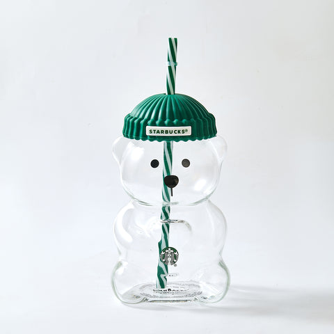 Starbucks Bearista™ Glass Bear Cup 591ml / 20oz – Bear-Shaped Reusable Cup with Beanie Lid & Striped Straw