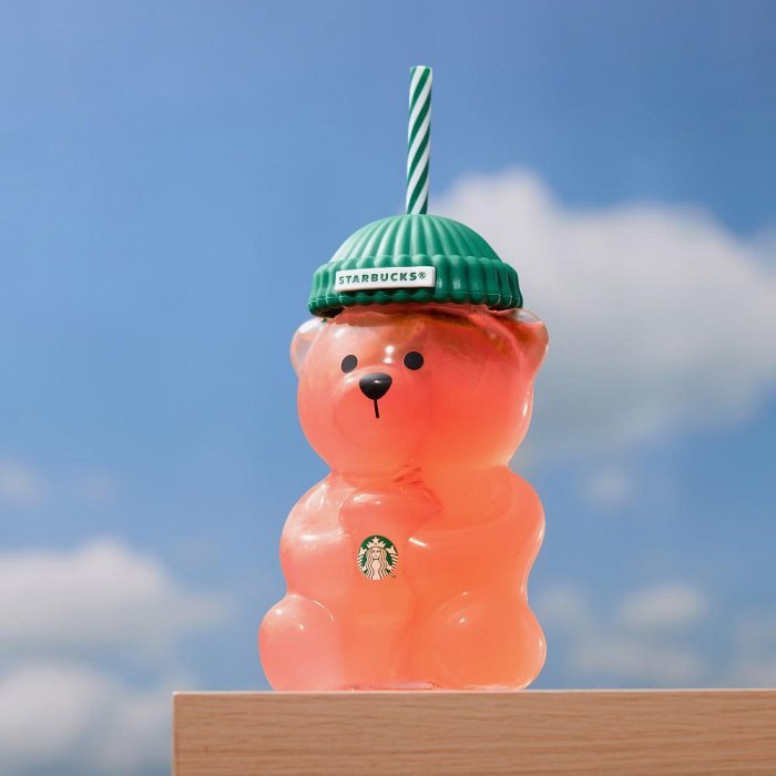Starbucks Bearista™ Glass Bear Cup 591ml / 20oz – Bear-Shaped Reusable Cup with Beanie Lid & Striped Straw