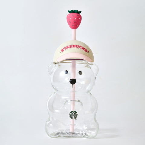 Starbucks Strawberry Bearista™ Glass Cup 591ml / 20oz – Bear-Shaped Tumbler with Strawberry Straw Topper