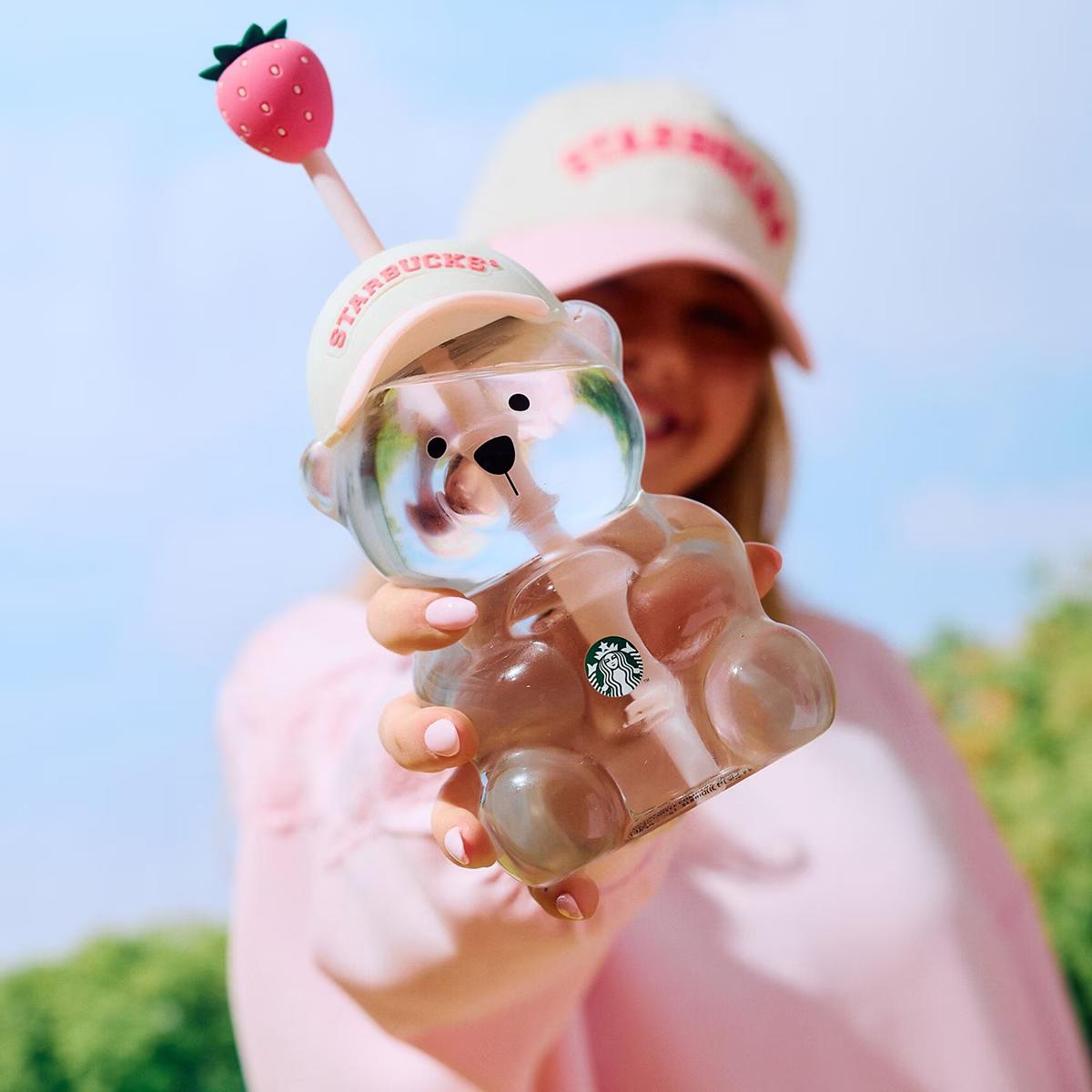 Starbucks Strawberry Bearista™ Glass Cup 591ml / 20oz – Bear-Shaped Tumbler with Strawberry Straw Topper