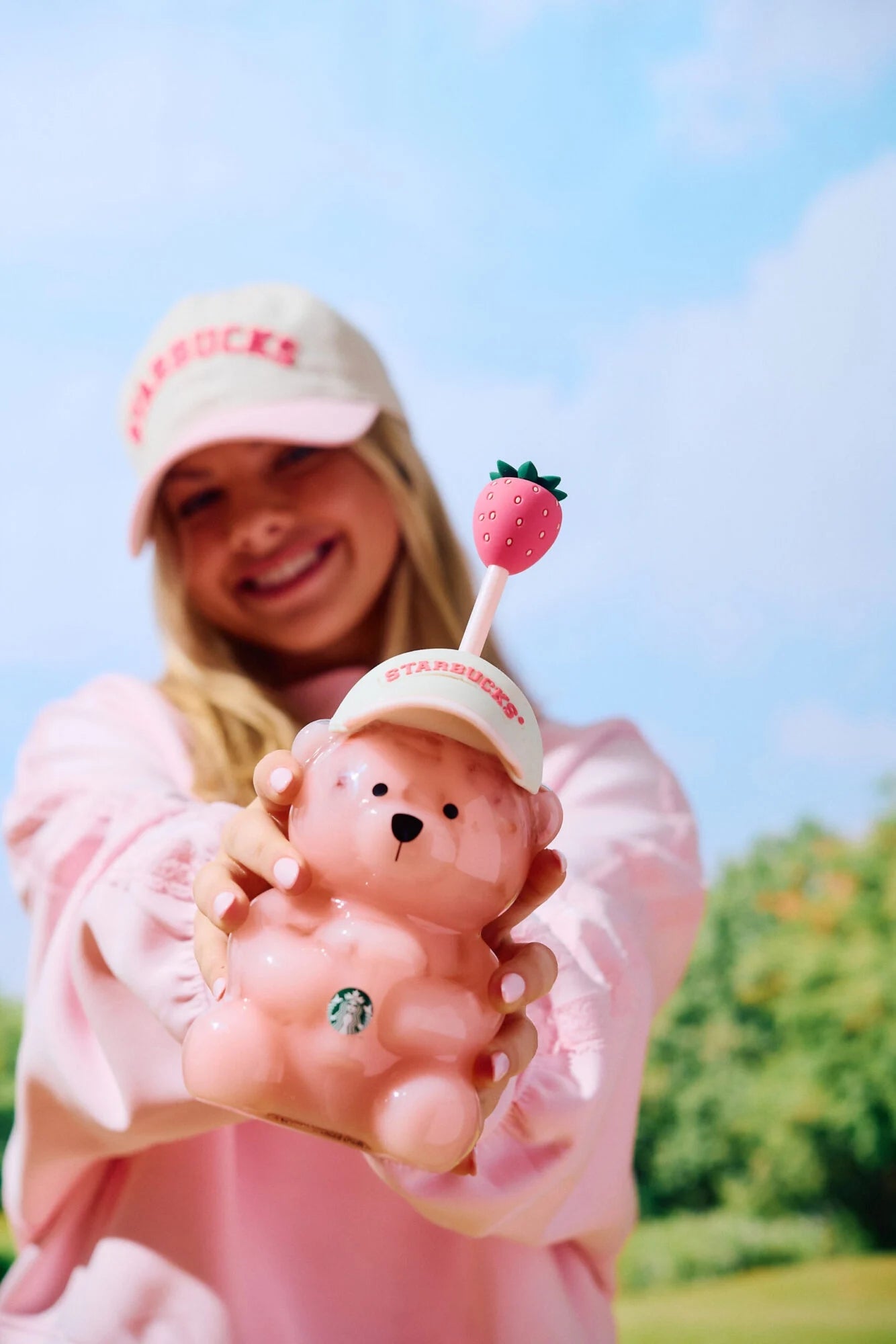 Starbucks Strawberry Bearista™ Glass Cup 591ml / 20oz – Bear-Shaped Tumbler with Strawberry Straw Topper