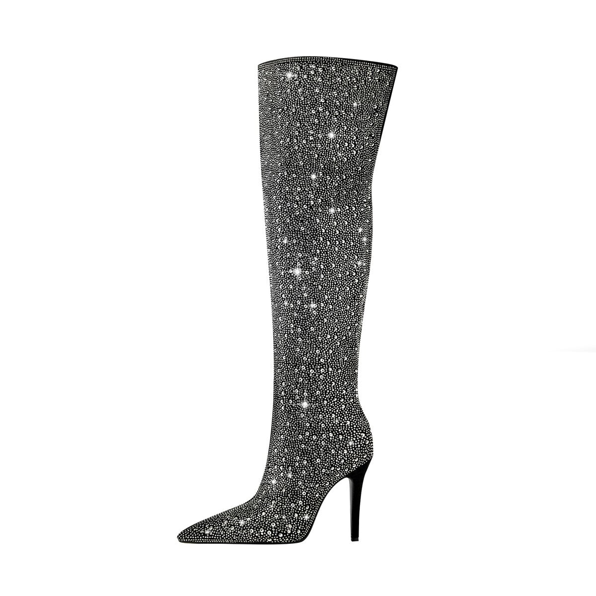 Starry Rhinestone Embellished Pointed Toe Knee High Boots