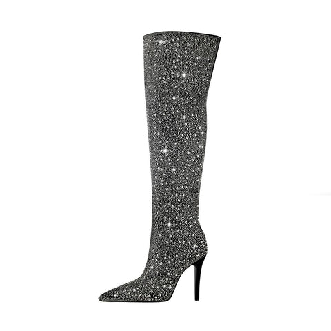 Starry Rhinestone Embellished Pointed Toe Knee High Boots