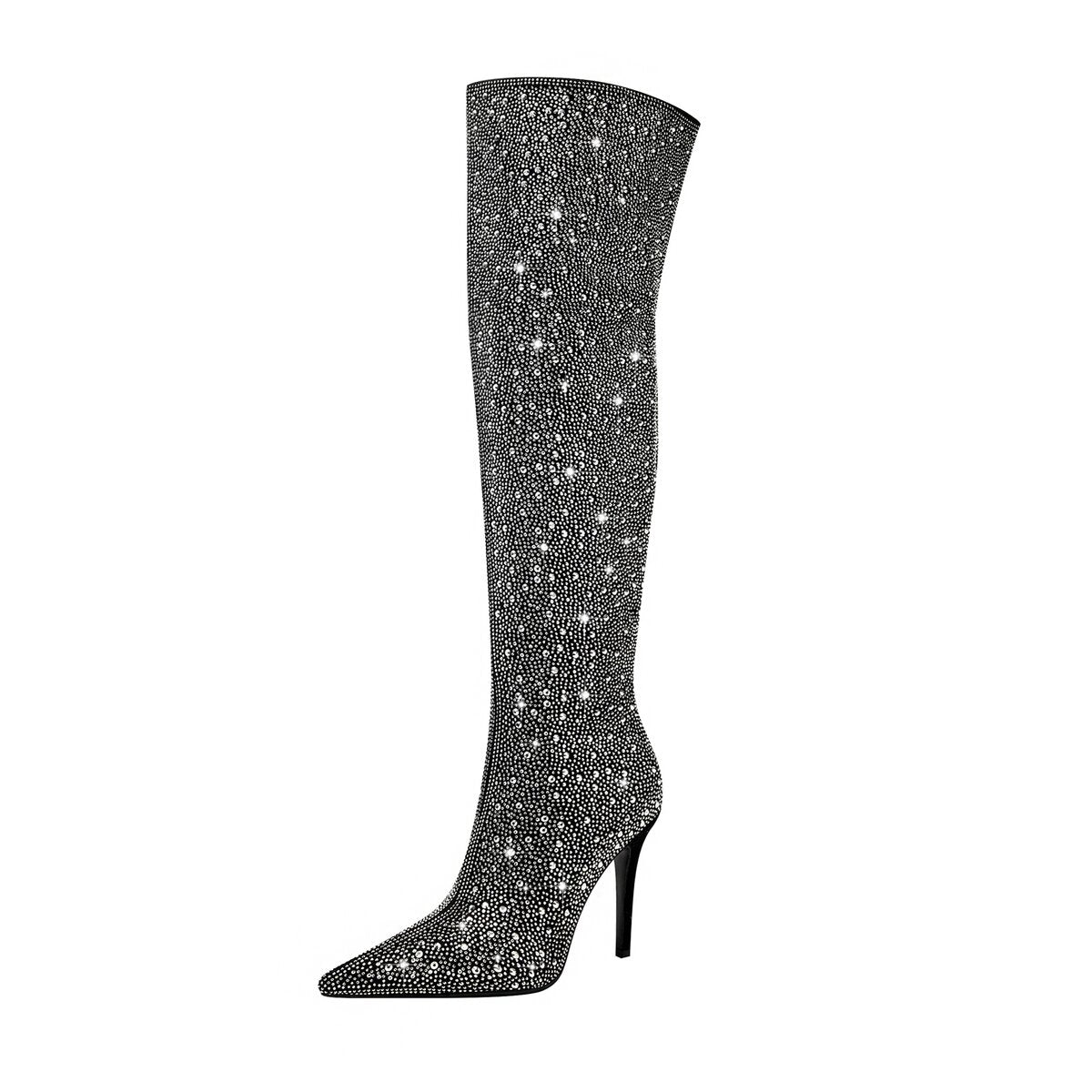 Starry Rhinestone Embellished Pointed Toe Knee High Boots