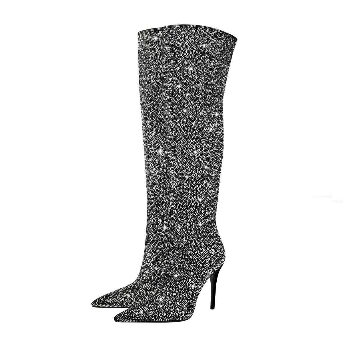Starry Rhinestone Embellished Pointed Toe Knee High Boots