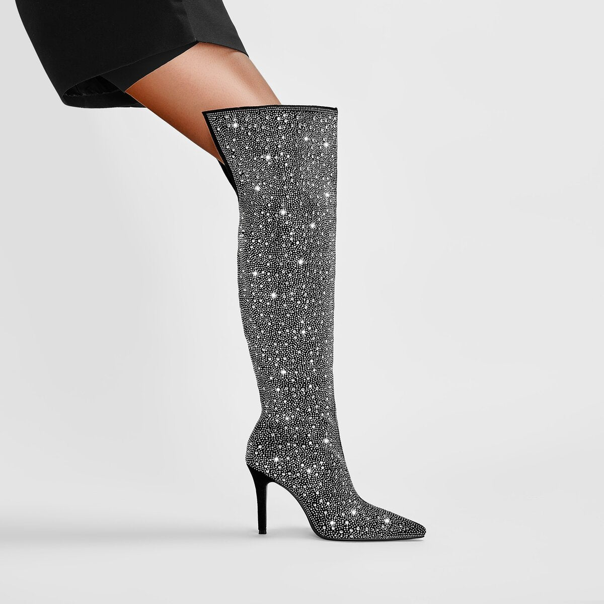 Starry Rhinestone Embellished Pointed Toe Knee High Boots