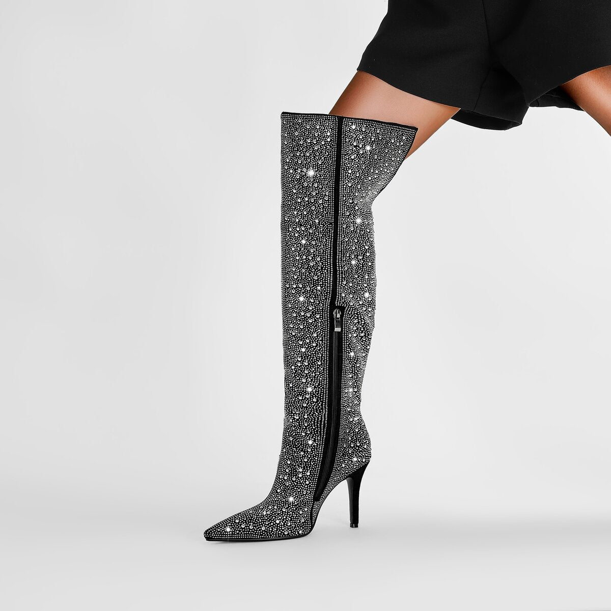 Starry Rhinestone Embellished Pointed Toe Knee High Boots