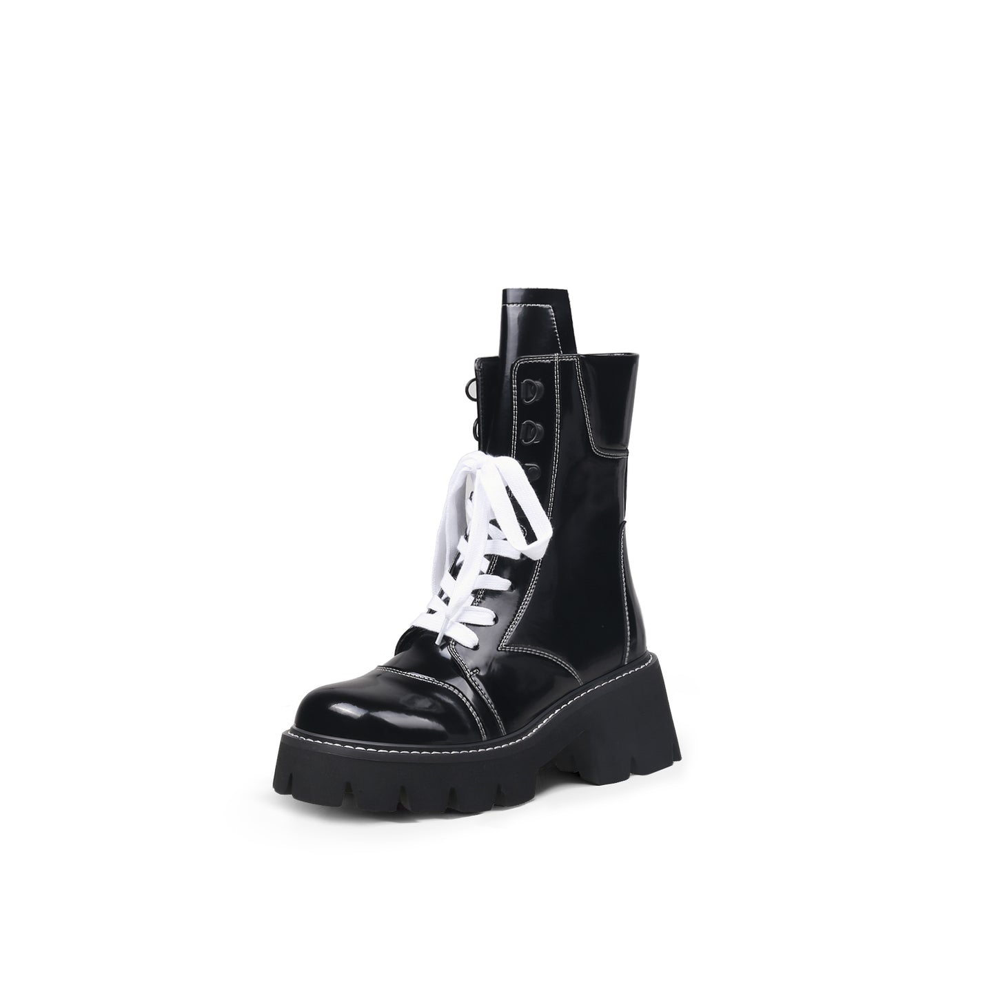 stitched white lace up black combat boots all black 2