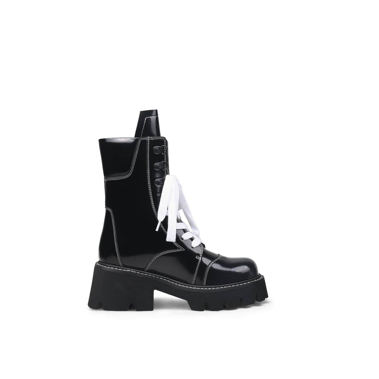 stitched white lace up black combat boots all black 3