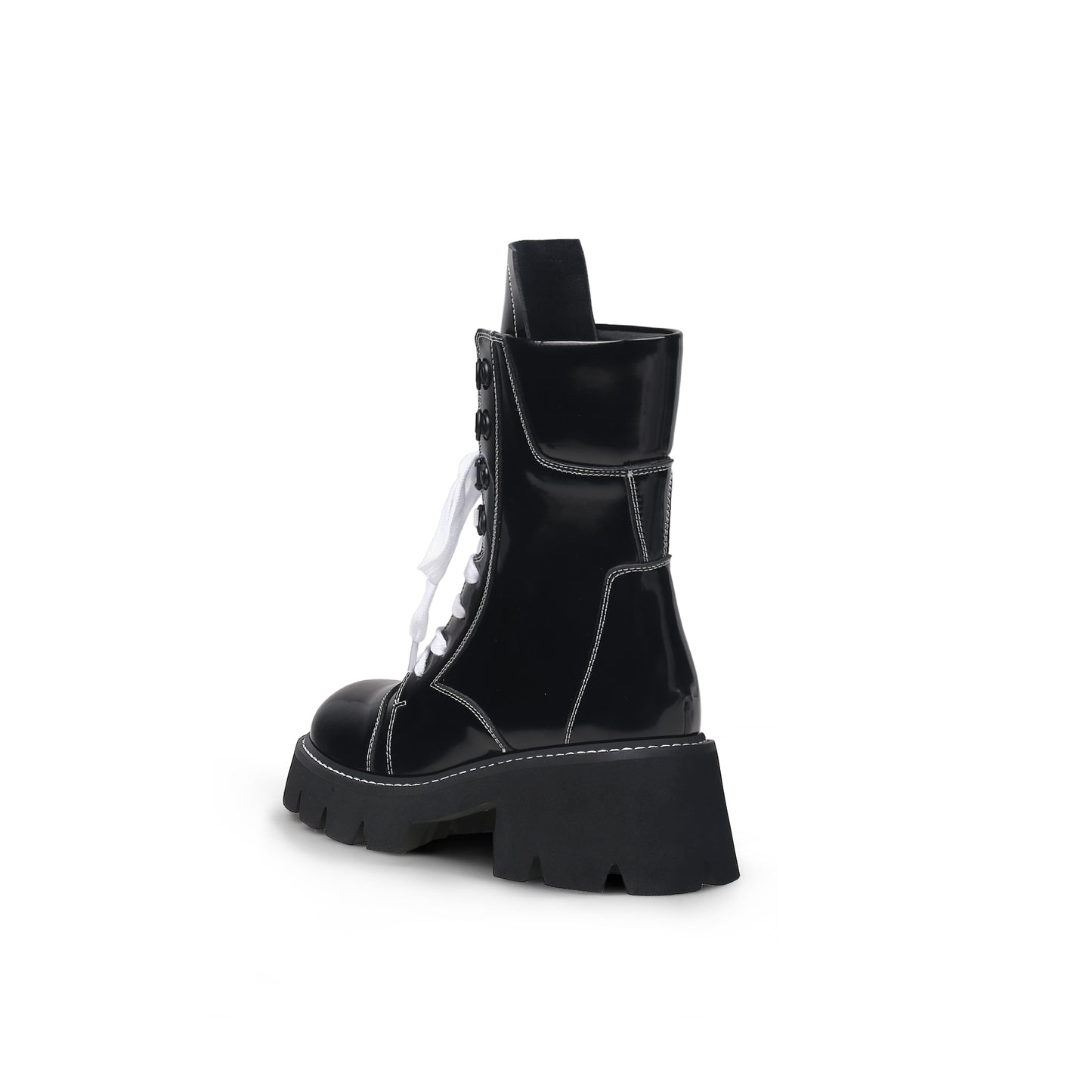 stitched white lace up black combat boots all black 4