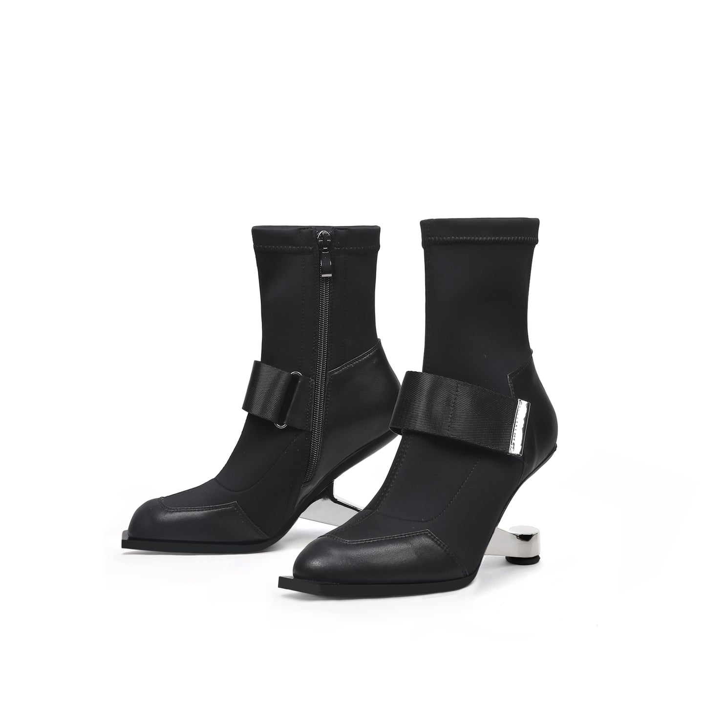 strap leather sock heel boots all black 5
