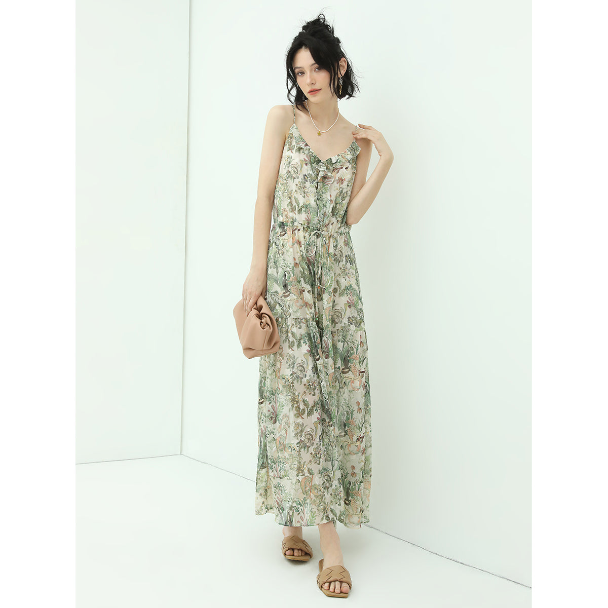 strappy floral green chiffon maxi dress all green 1