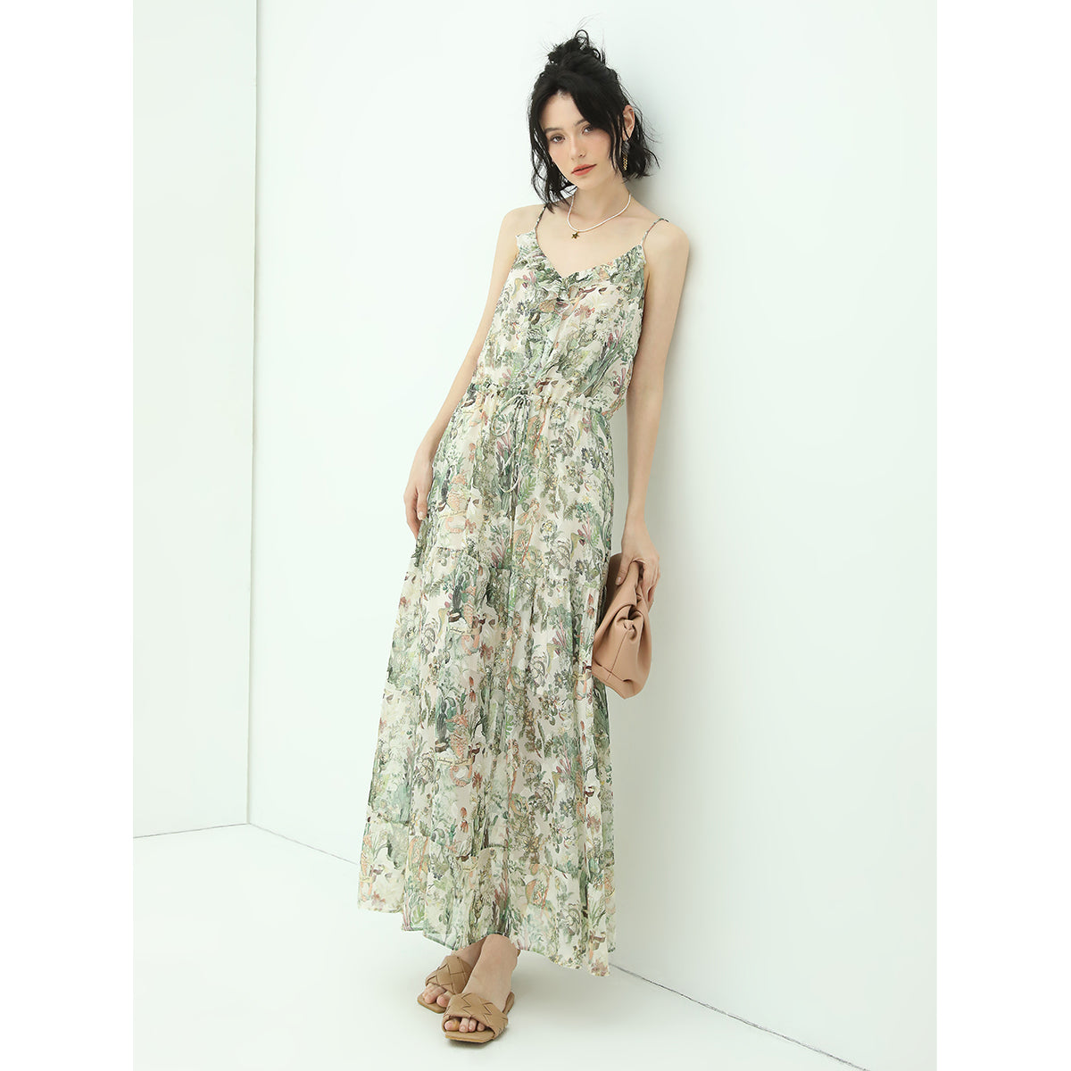 strappy floral green chiffon maxi dress all green 3